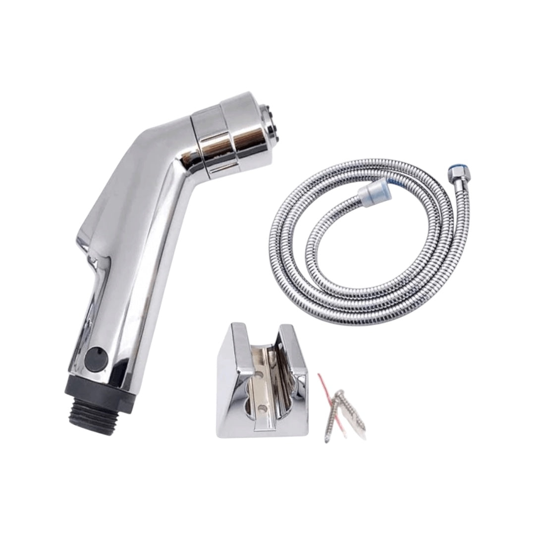 Chrome bathroom faucet set with spray head, hose, and mounting bracket on a white background